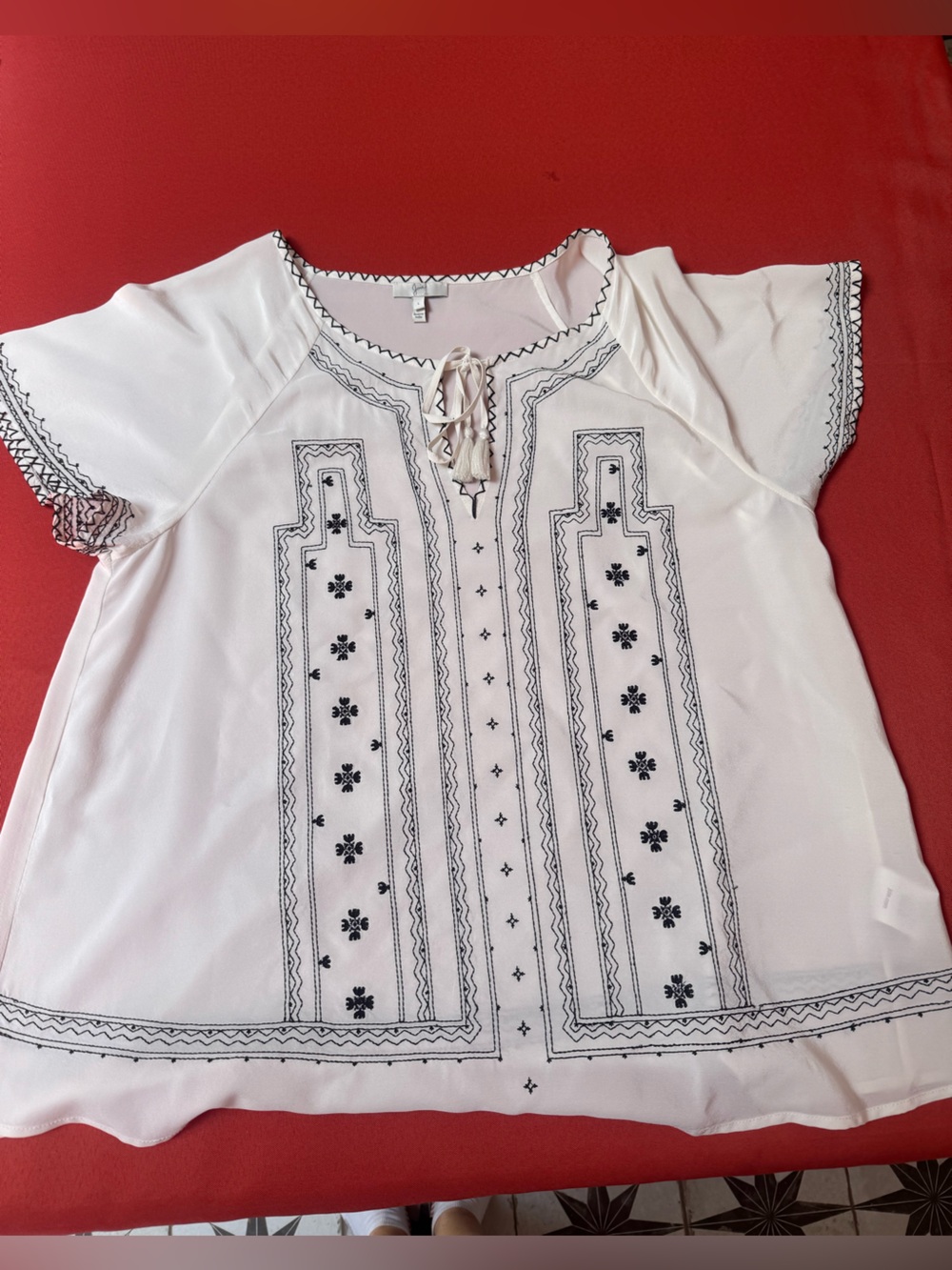 Joie White Peasant Blouse with Black Embroidery